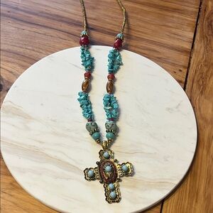 Long Southwestern Turquoise and Gold Cross Pendant Necklace
